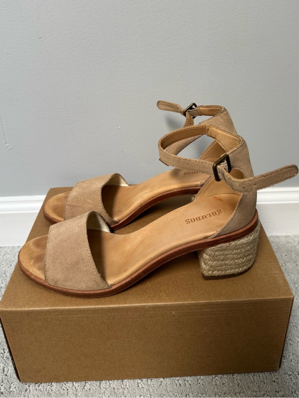 Soludos Beige Suede Ankle-Strap Espadrille Block Heels